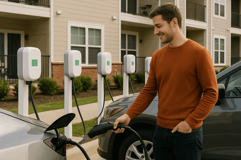 Person charging EV at apartment complex.