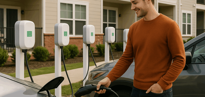 Person charging EV at apartment complex.